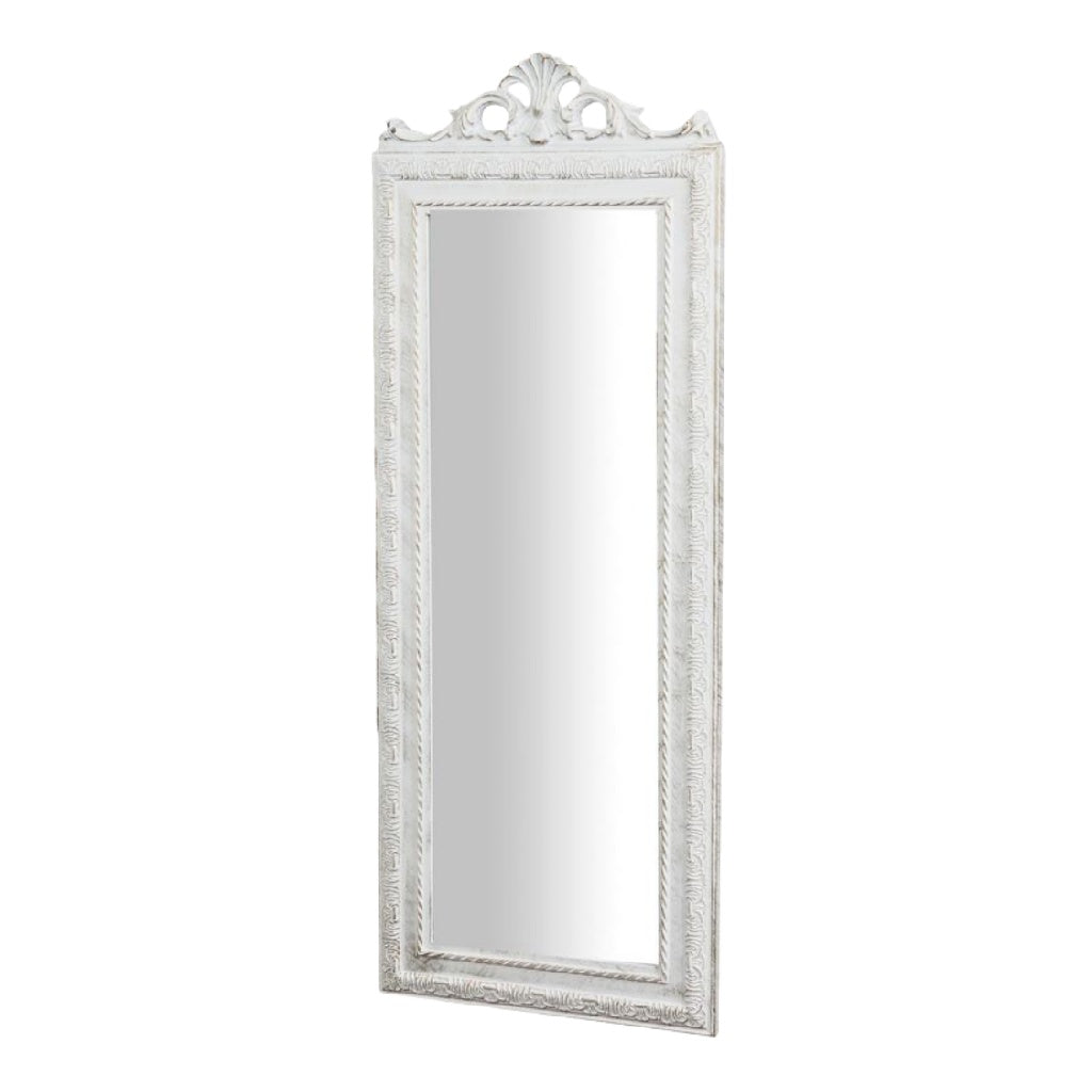 Espejo de pared rectangular con marco blanco tallado